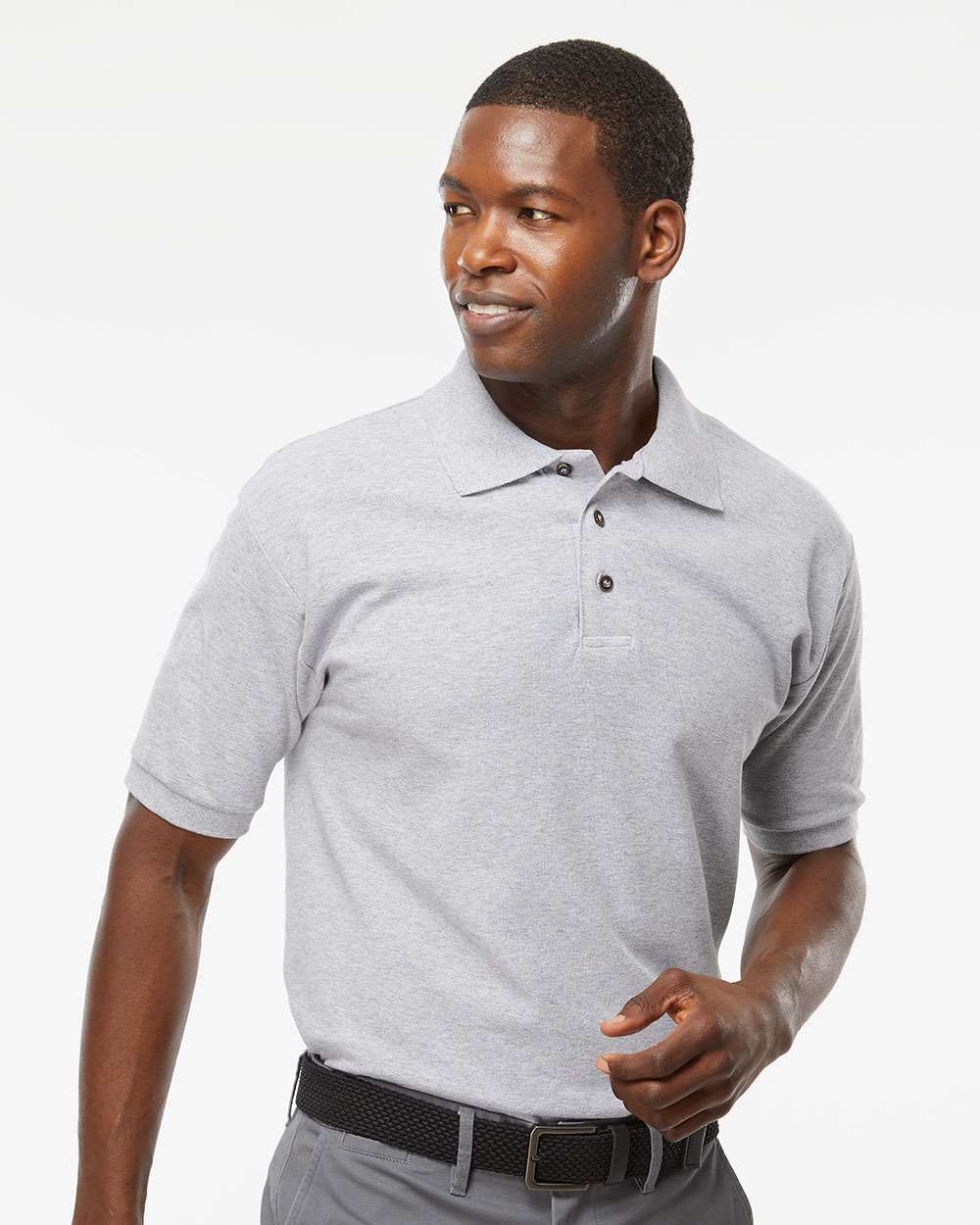 Custom men’s grey polo, SoftStyle cotton, all sizes, business & casual