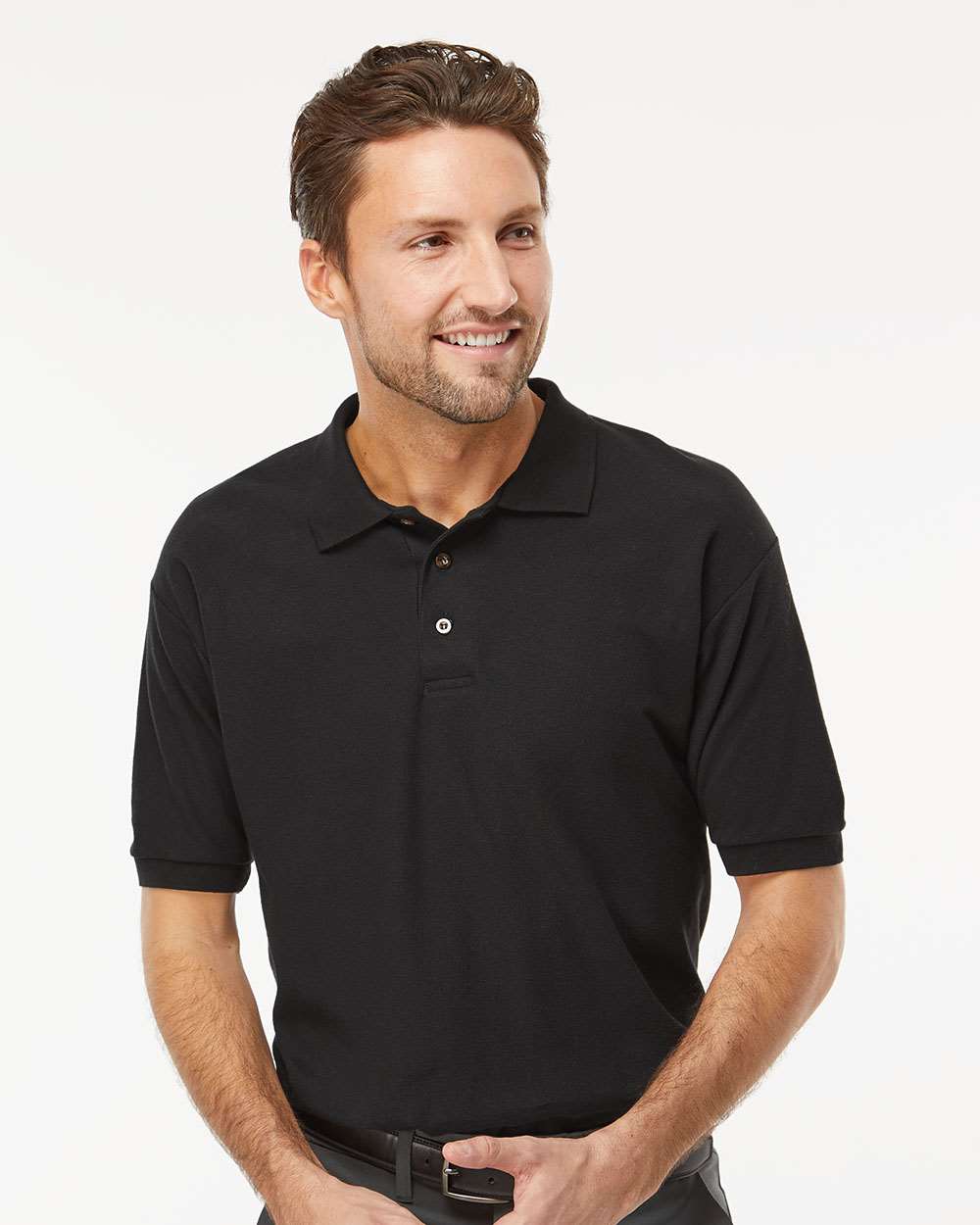Custom men’s black polo, SoftStyle cotton, all sizes, business & casual