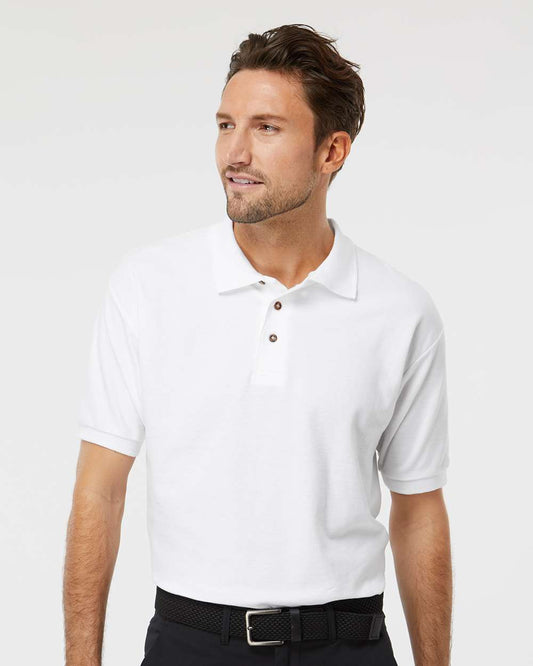 Custom men’s white polo, SoftStyle cotton, all sizes, business & casual